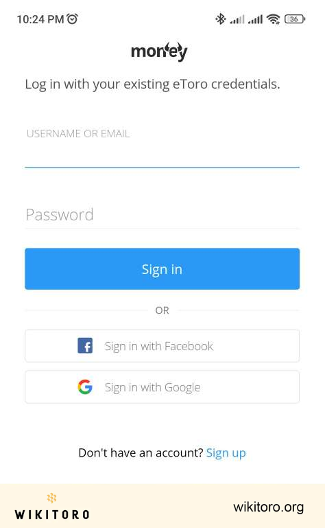 eToro Money app login screen
