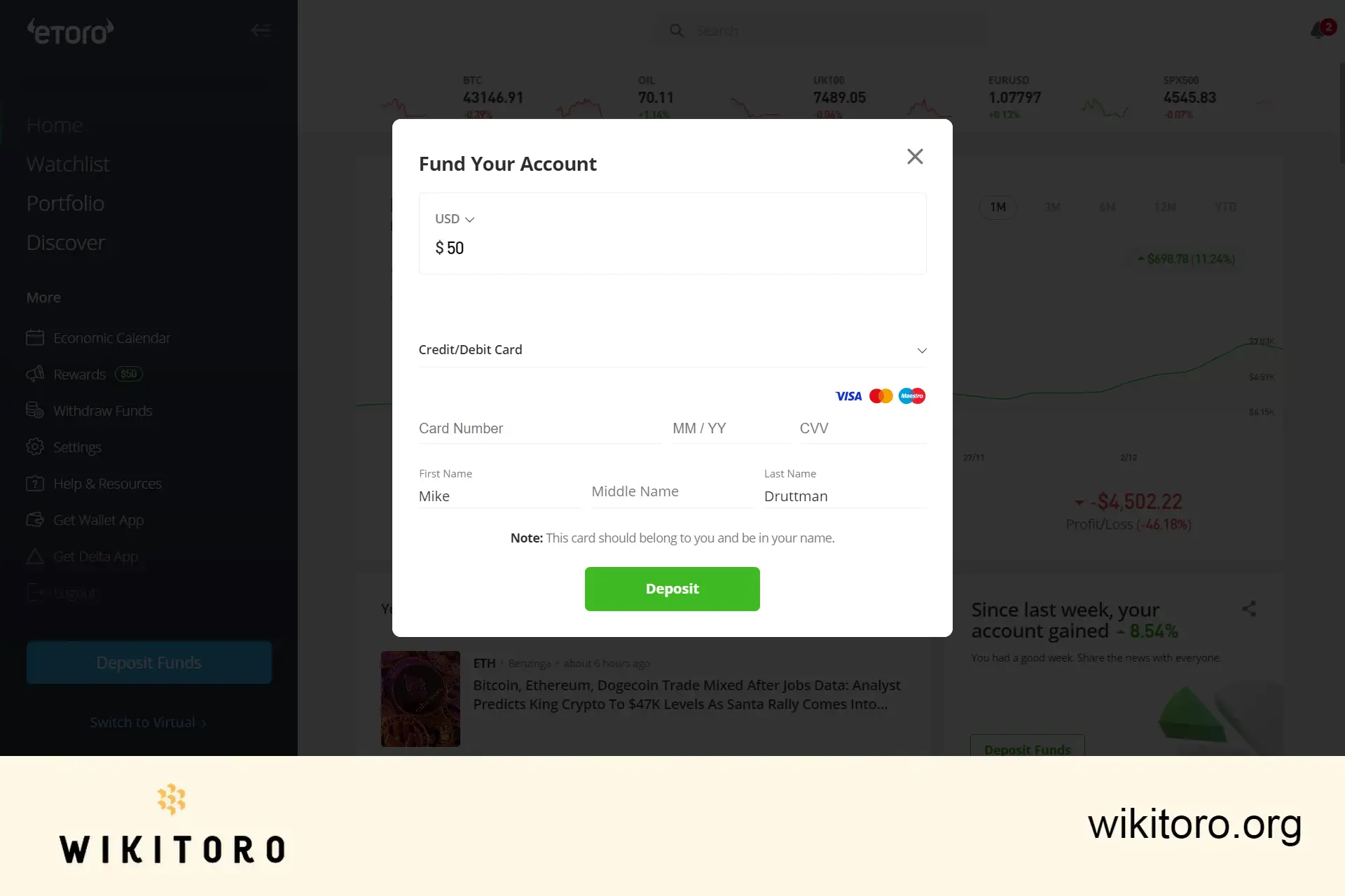 eToro deposit page
