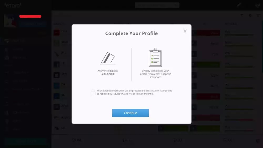 Completing eToro profile