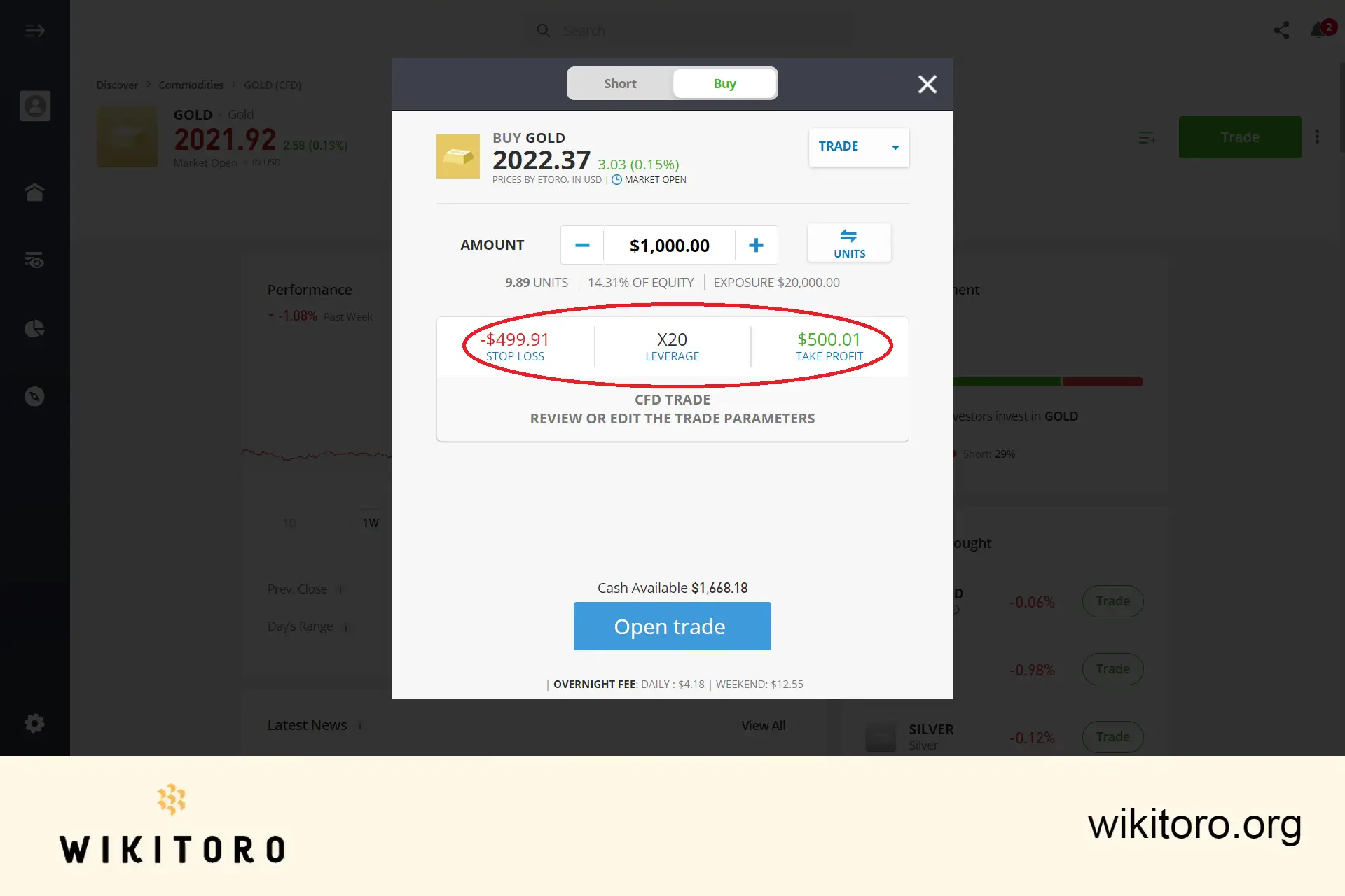 Setting eToro Gold trade parameters