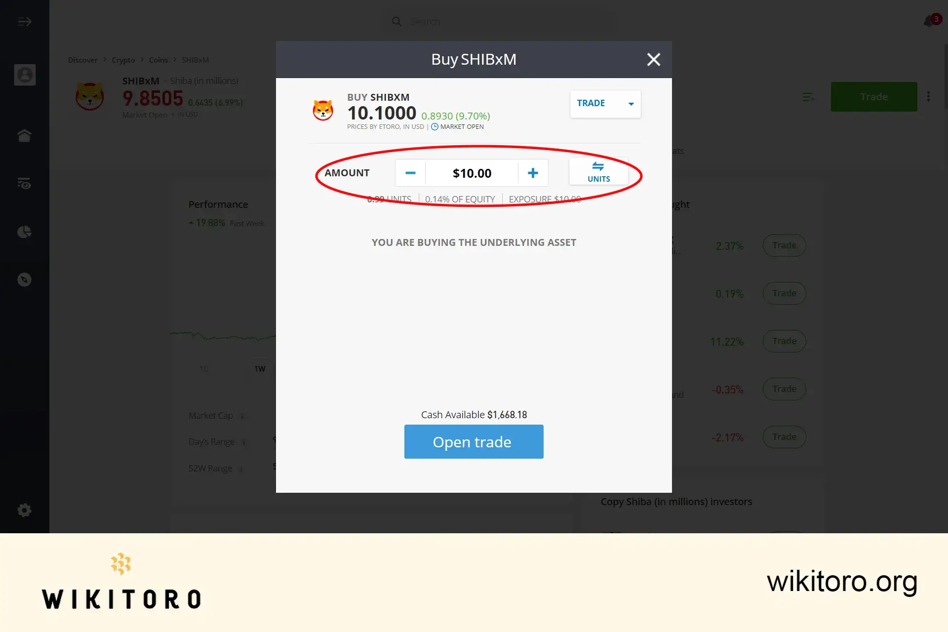 Setting eToro Shiba Inu investment amount