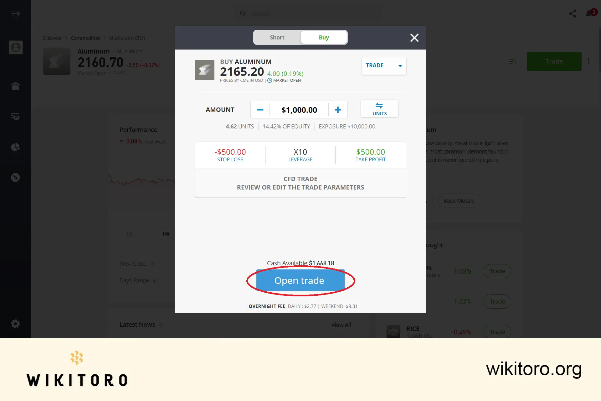 Executing eToro Aluminum trade order