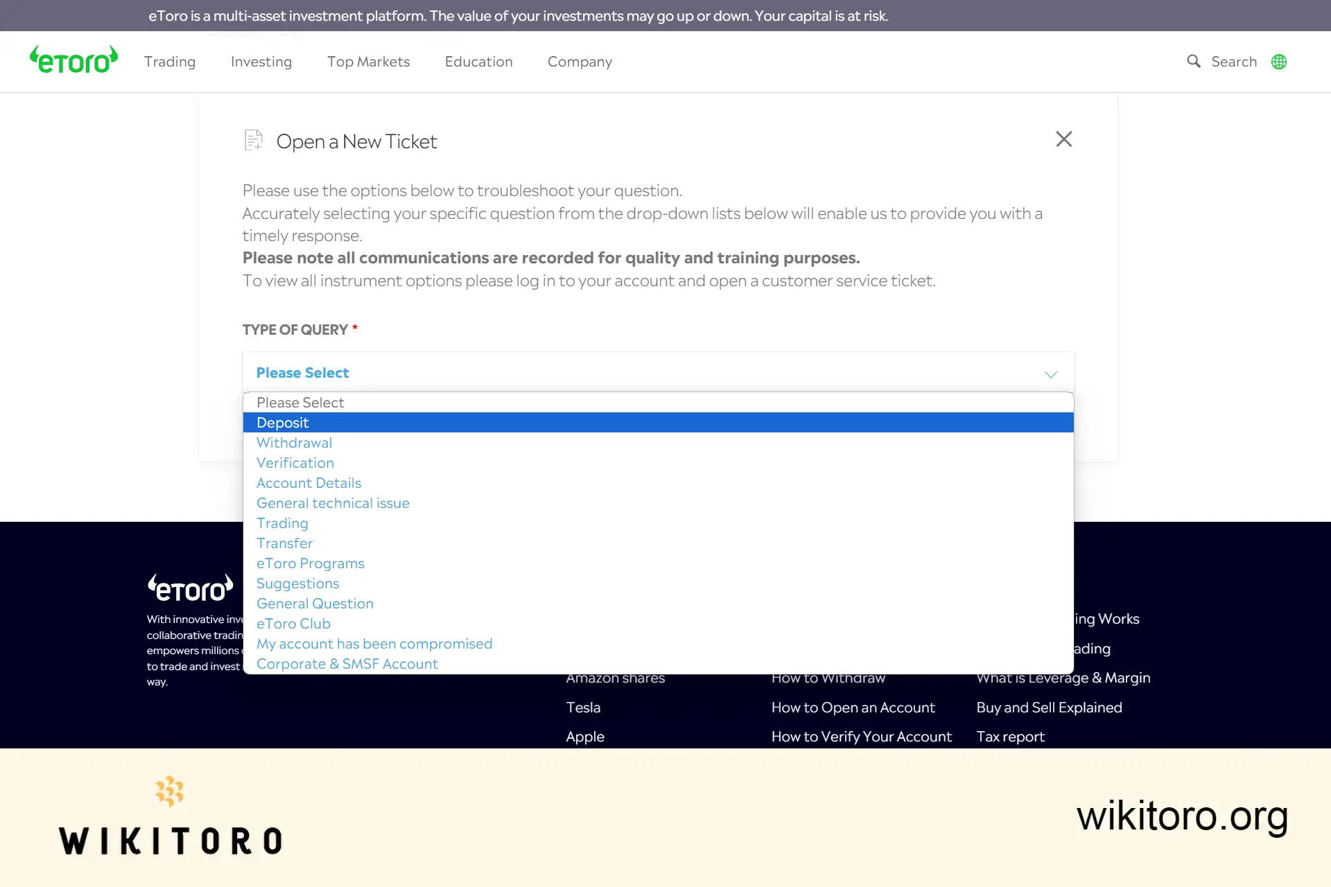 Opening a new eToro ticket
