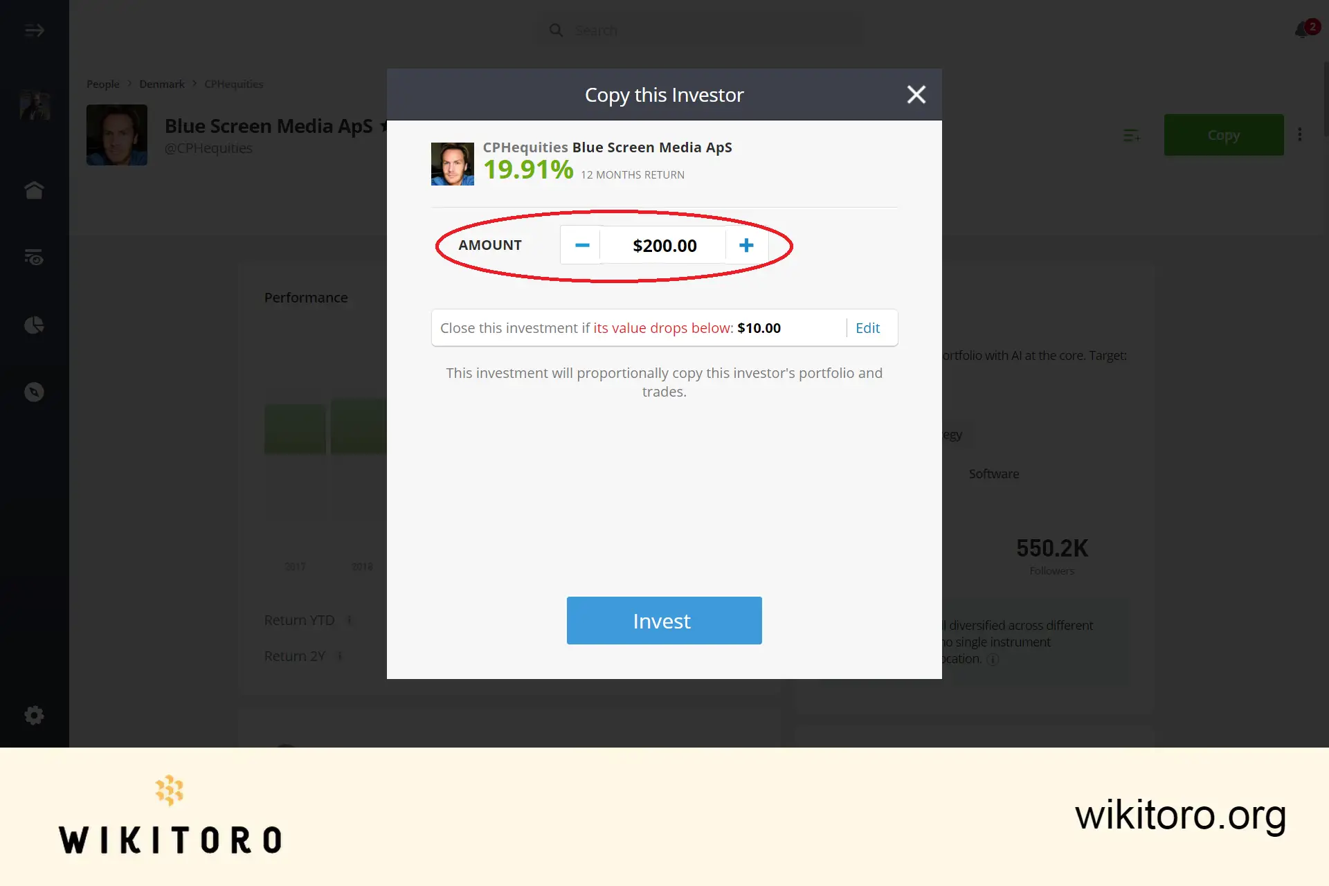 Setting eToro copy trading amount