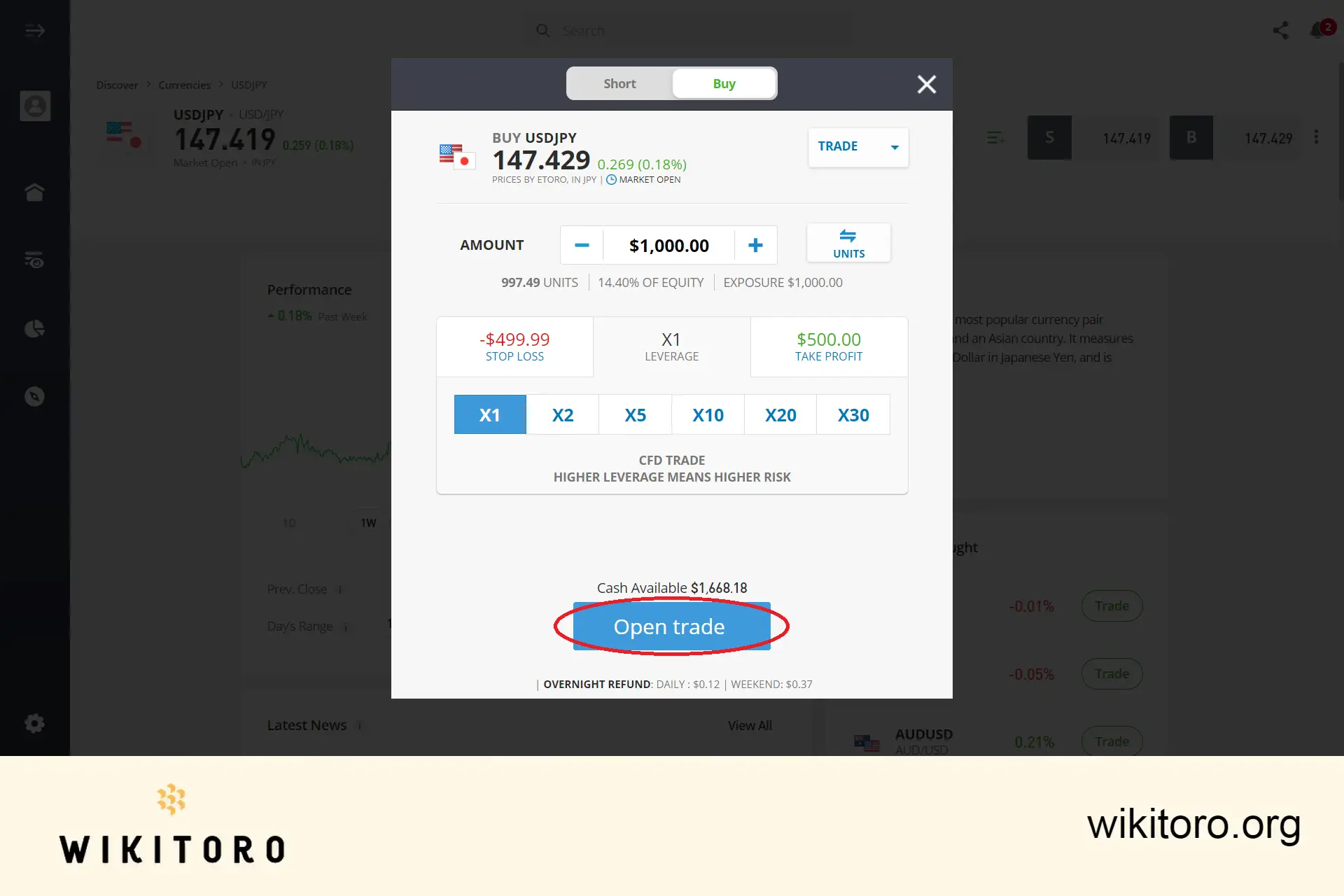 Executing eToro USDJPY trade